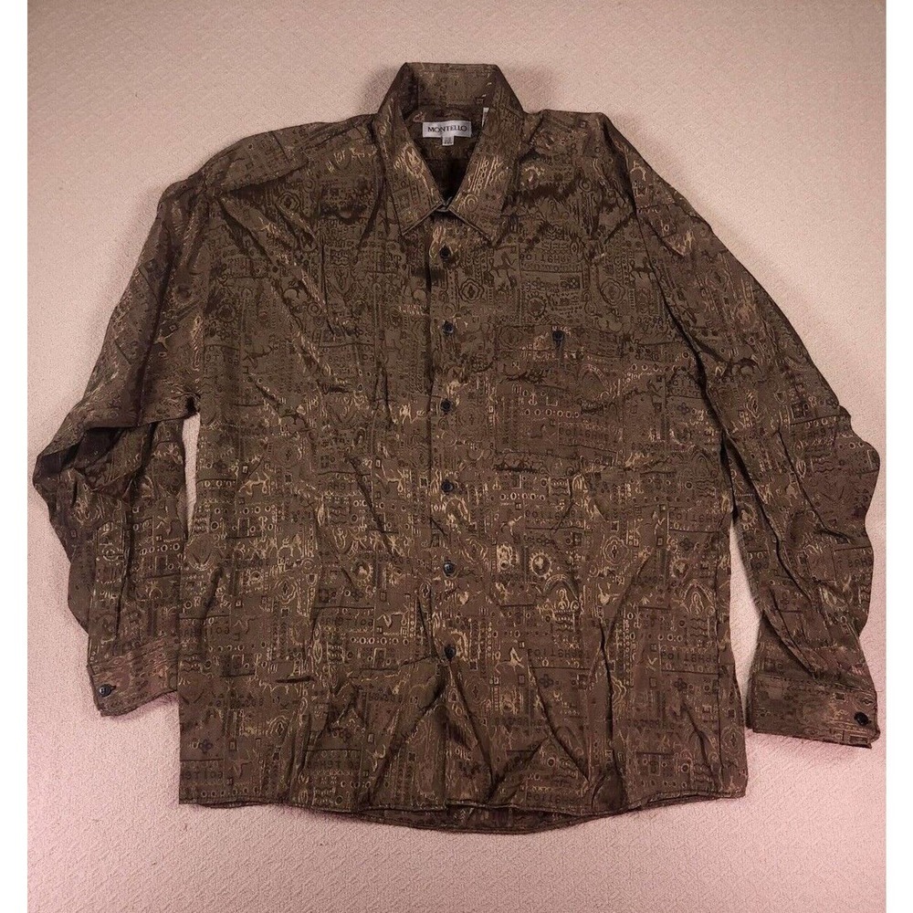 Montello Shirt Mens Large L Geometric Brown Button Up Collared‎ Polyester Blend